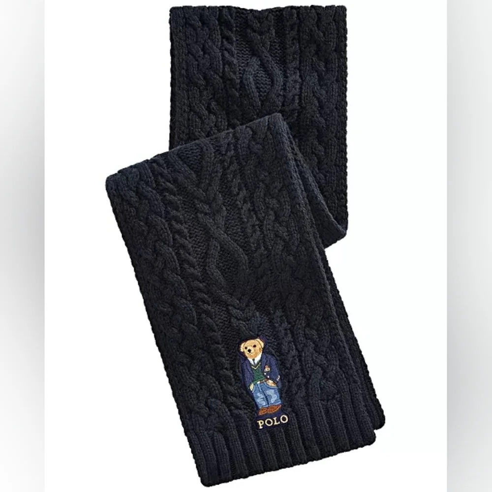 Polo Ralph Lauren Aran St. Andrew Bear Scarf Embroidered Navy Blue Cable Knit